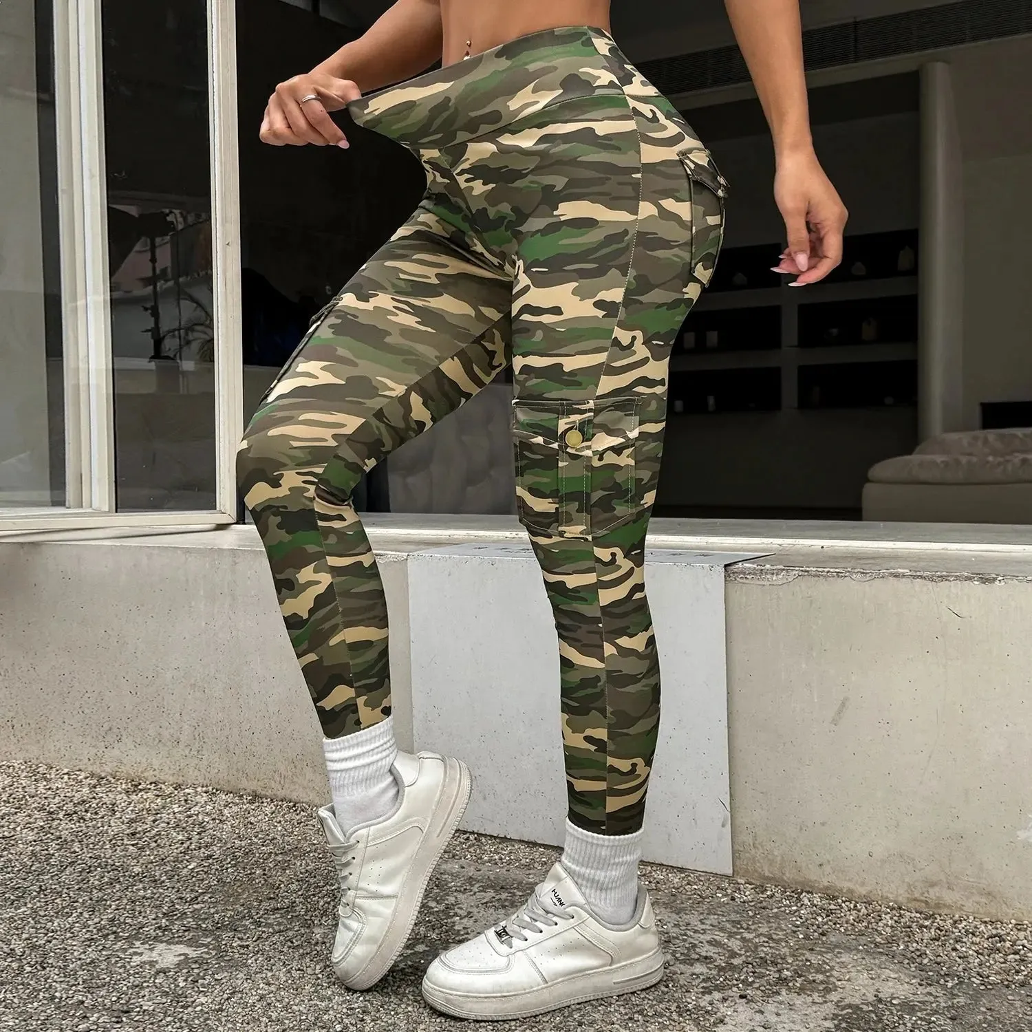 Camouflage Printed Women Leggings with Pockets High Waist Butt Lifting Fitness Tights Elastic Slim Outdoors Jogging Workout Pant