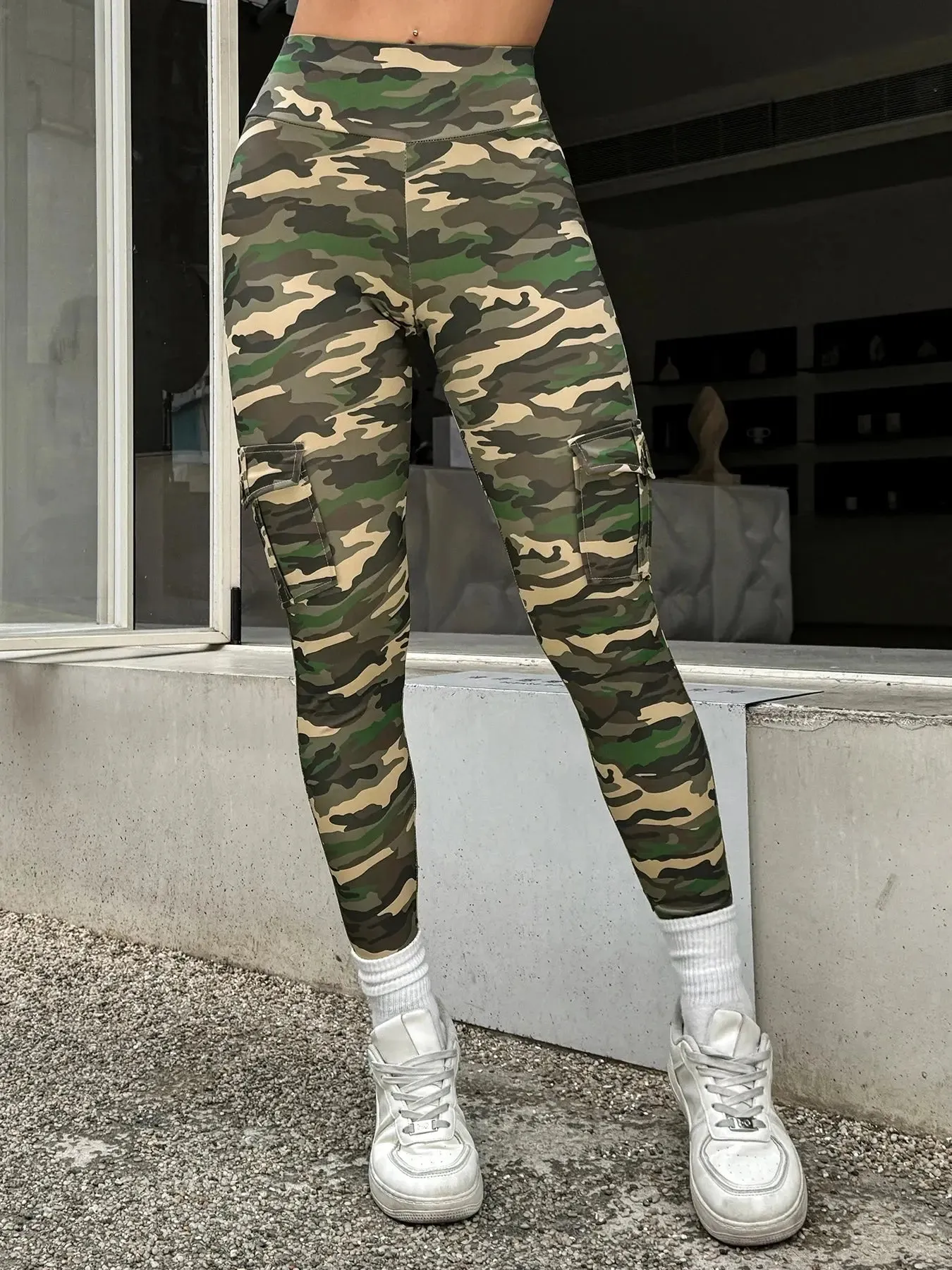Camouflage Printed Women Leggings with Pockets High Waist Butt Lifting Fitness Tights Elastic Slim Outdoors Jogging Workout Pant