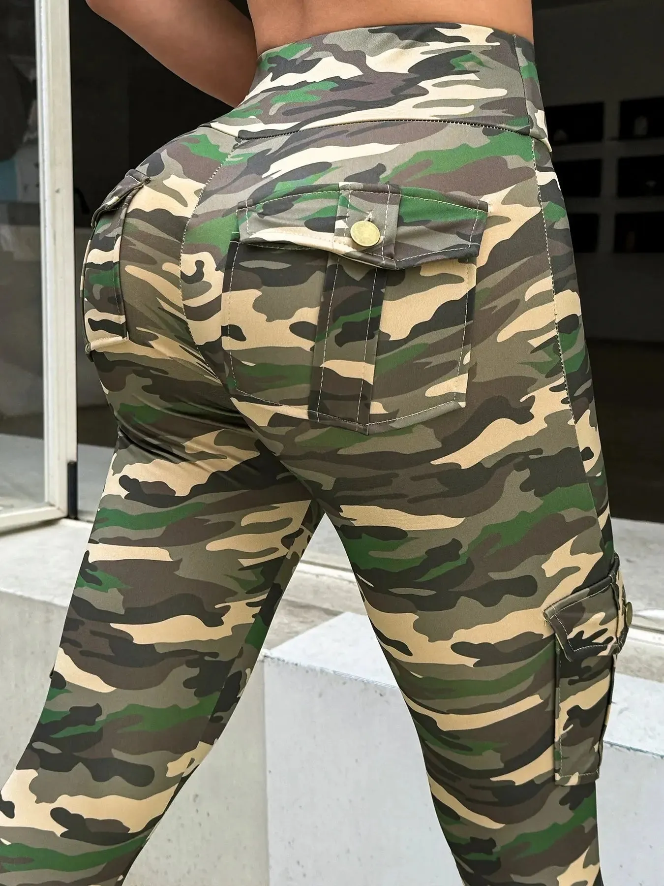 Camouflage Printed Women Leggings with Pockets High Waist Butt Lifting Fitness Tights Elastic Slim Outdoors Jogging Workout Pant