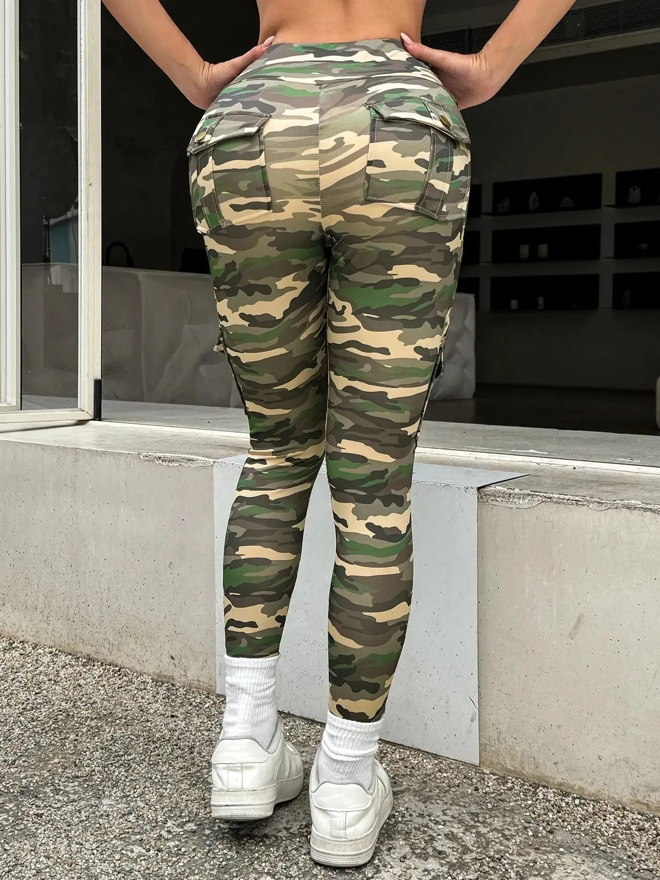 Camouflage Printed Women Leggings with Pockets High Waist Butt Lifting Fitness Tights Elastic Slim Outdoors Jogging Workout Pant