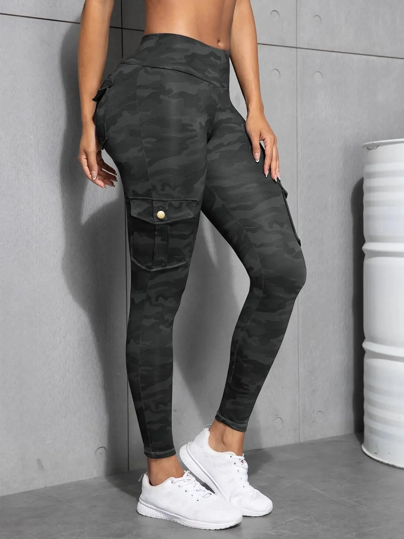 Camouflage Printed Women Leggings with Pockets High Waist Butt Lifting Fitness Tights Elastic Slim Outdoors Jogging Workout Pant