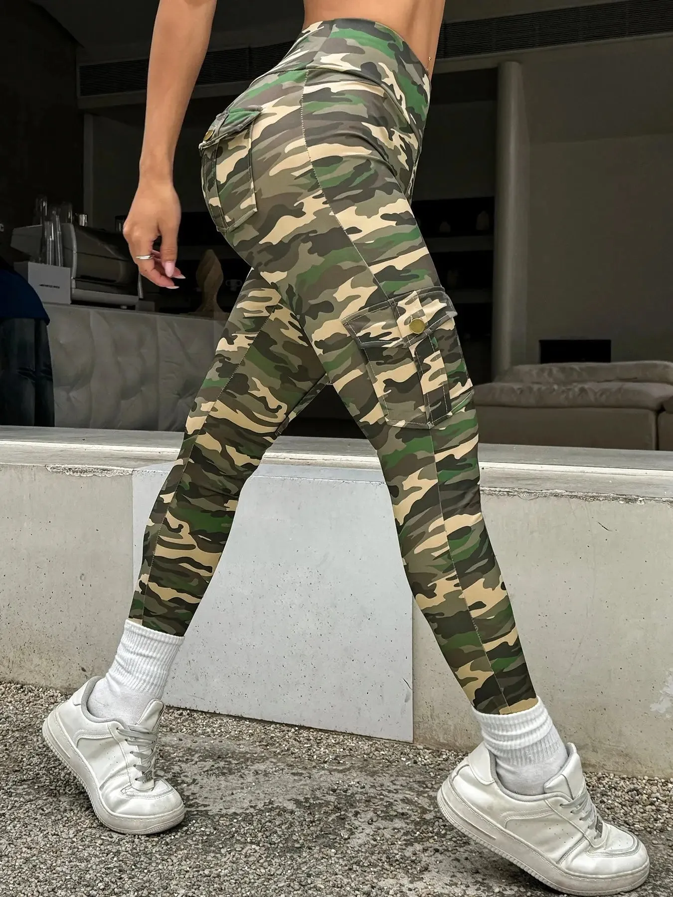 Camouflage Printed Women Leggings with Pockets High Waist Butt Lifting Fitness Tights Elastic Slim Outdoors Jogging Workout Pant