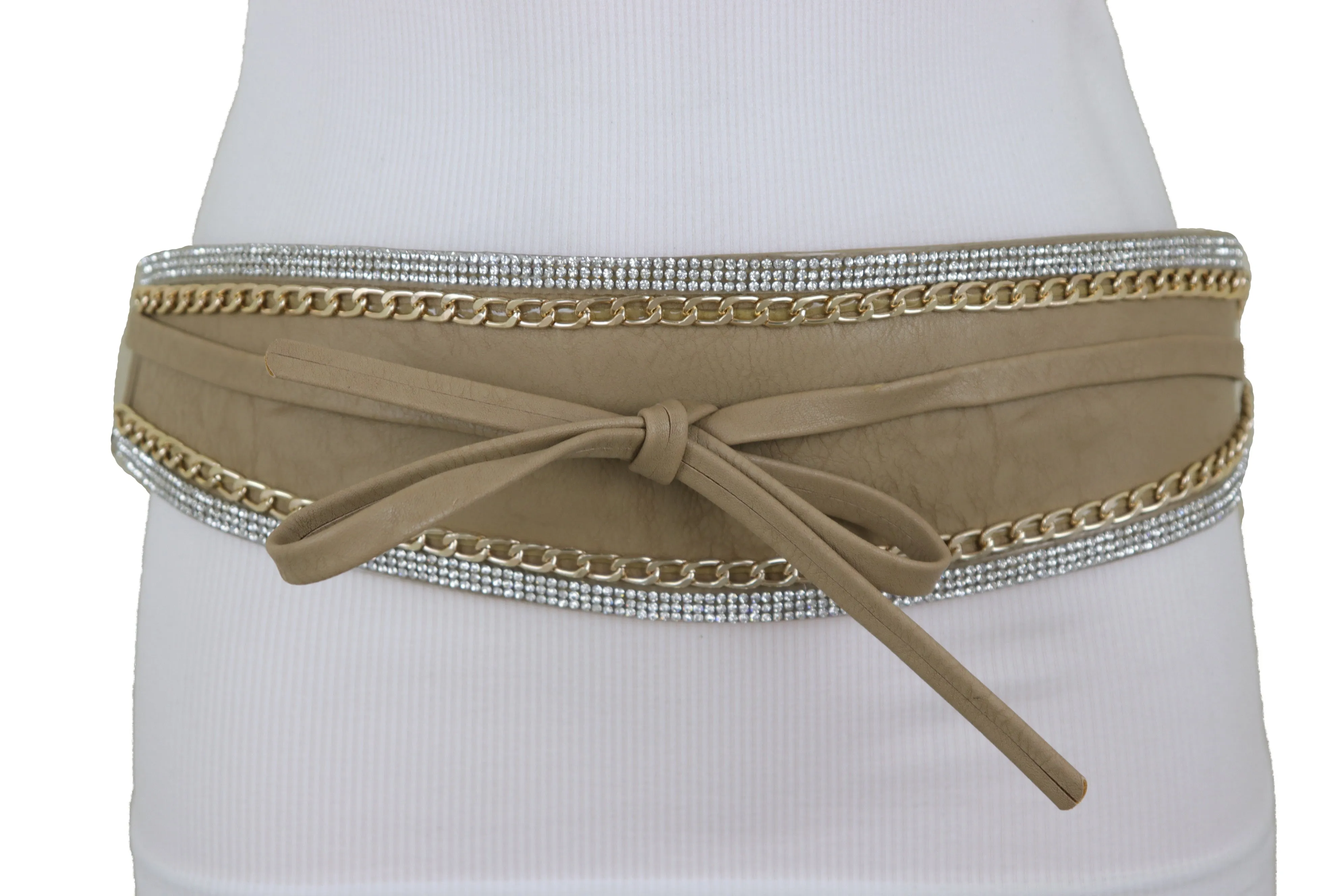 Caramel Beige Wrap Around Wide Waistband Tie Kimono Style Belt Size S M