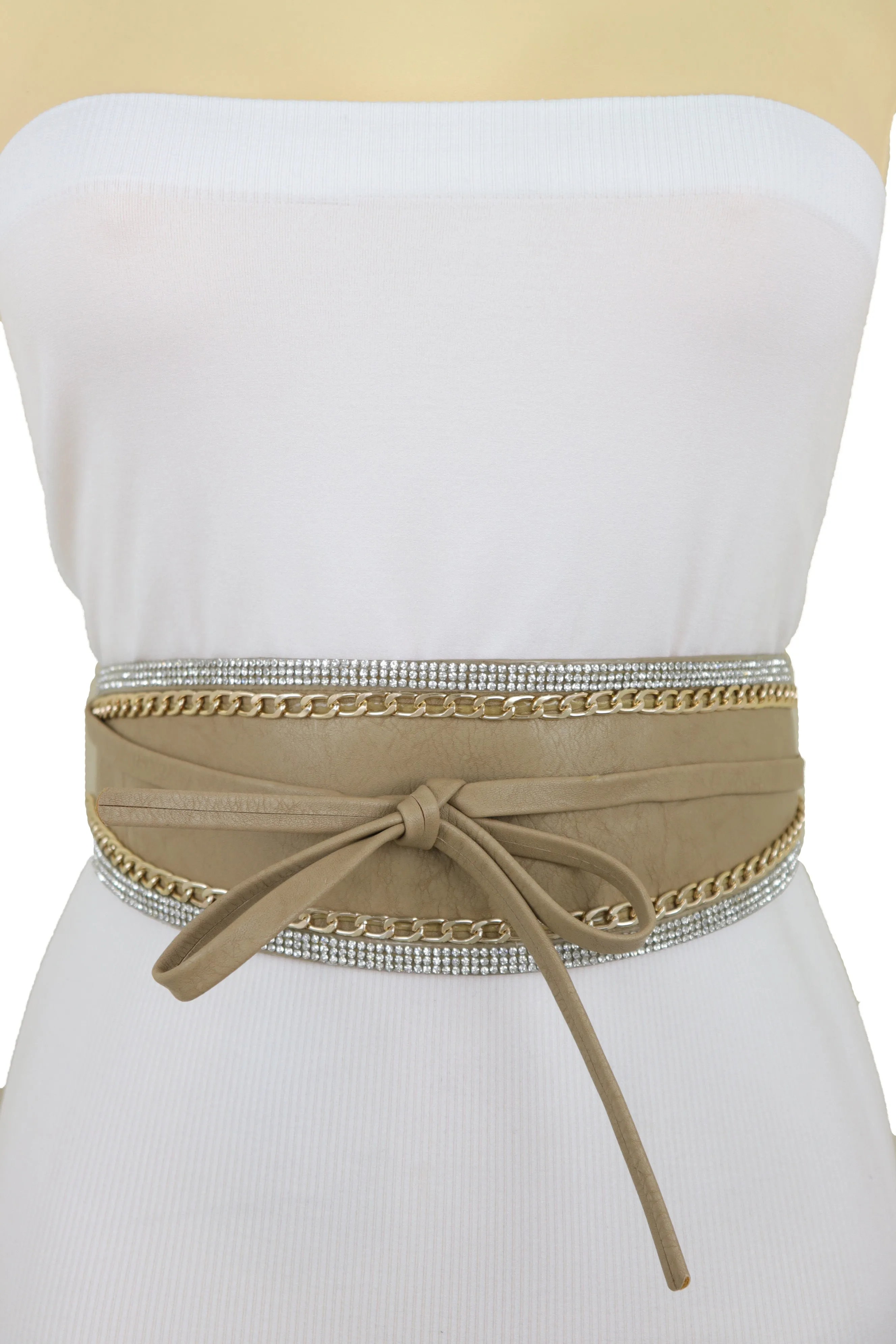 Caramel Beige Wrap Around Wide Waistband Tie Kimono Style Belt Size S M