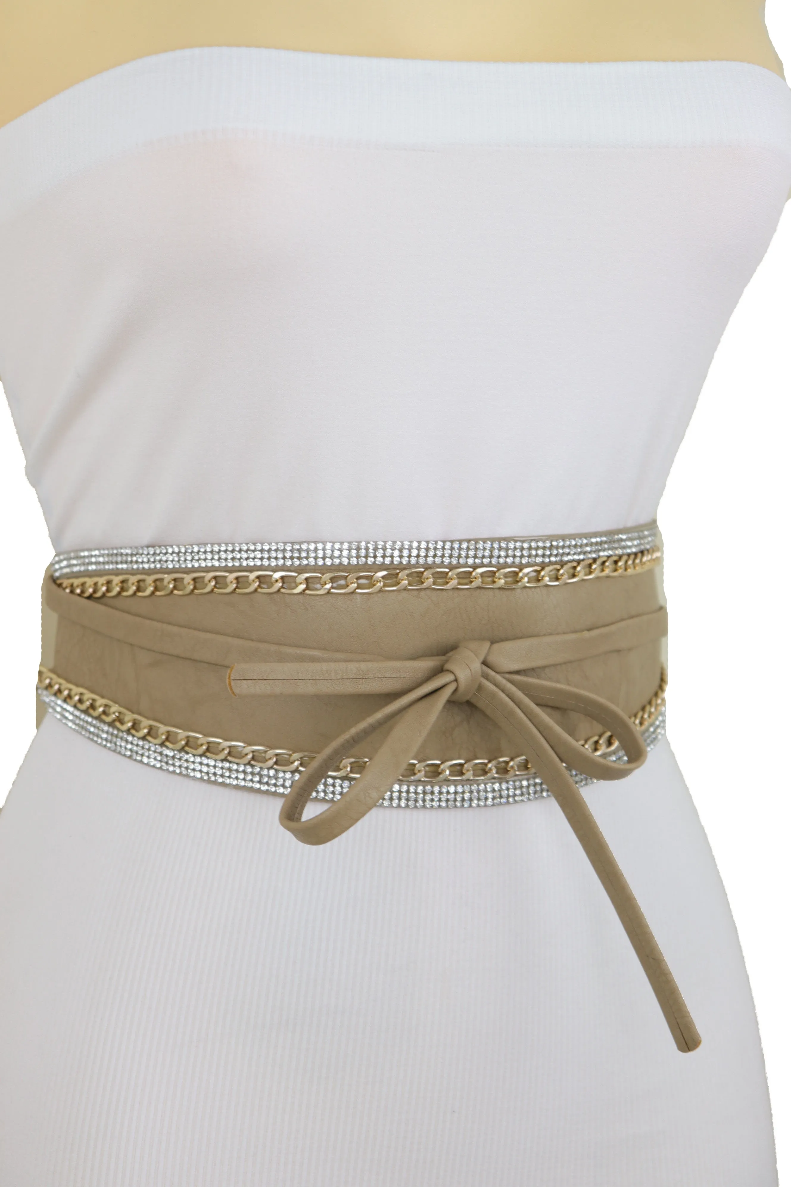 Caramel Beige Wrap Around Wide Waistband Tie Kimono Style Belt Size S M