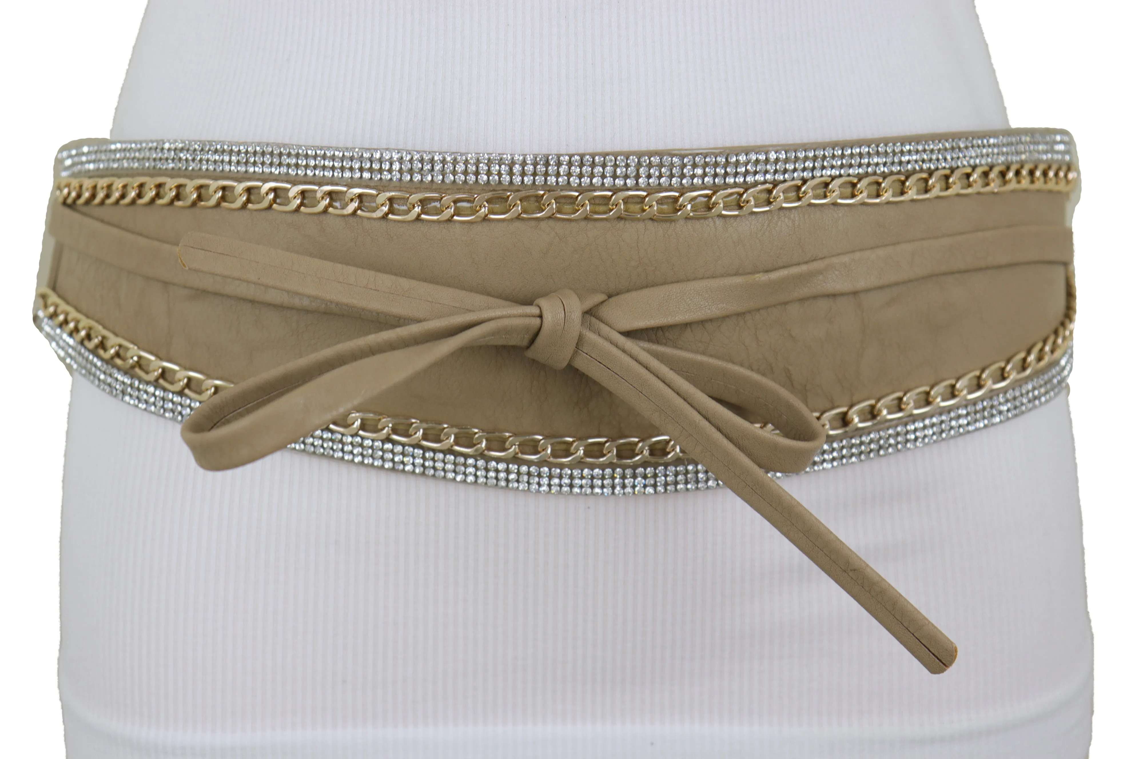 Caramel Beige Wrap Around Wide Waistband Tie Kimono Style Belt Size S M