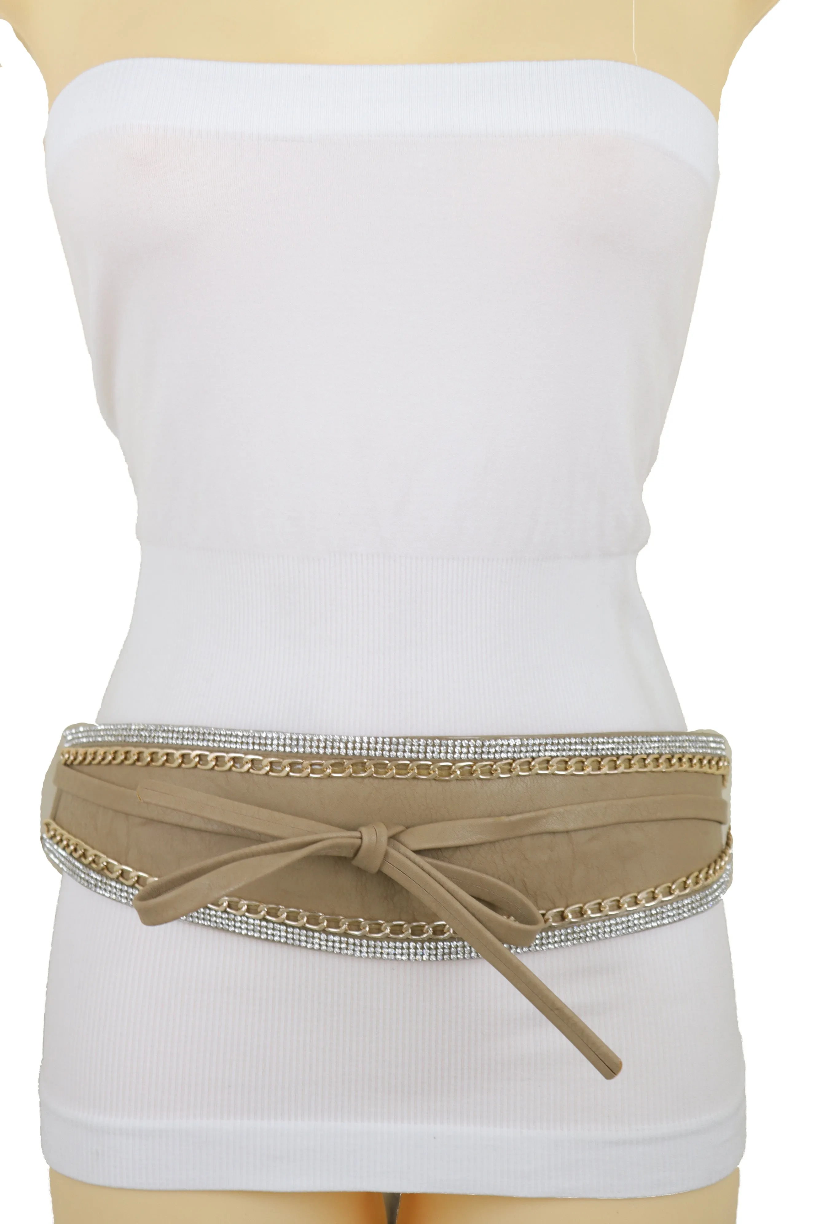 Caramel Beige Wrap Around Wide Waistband Tie Kimono Style Belt Size S M