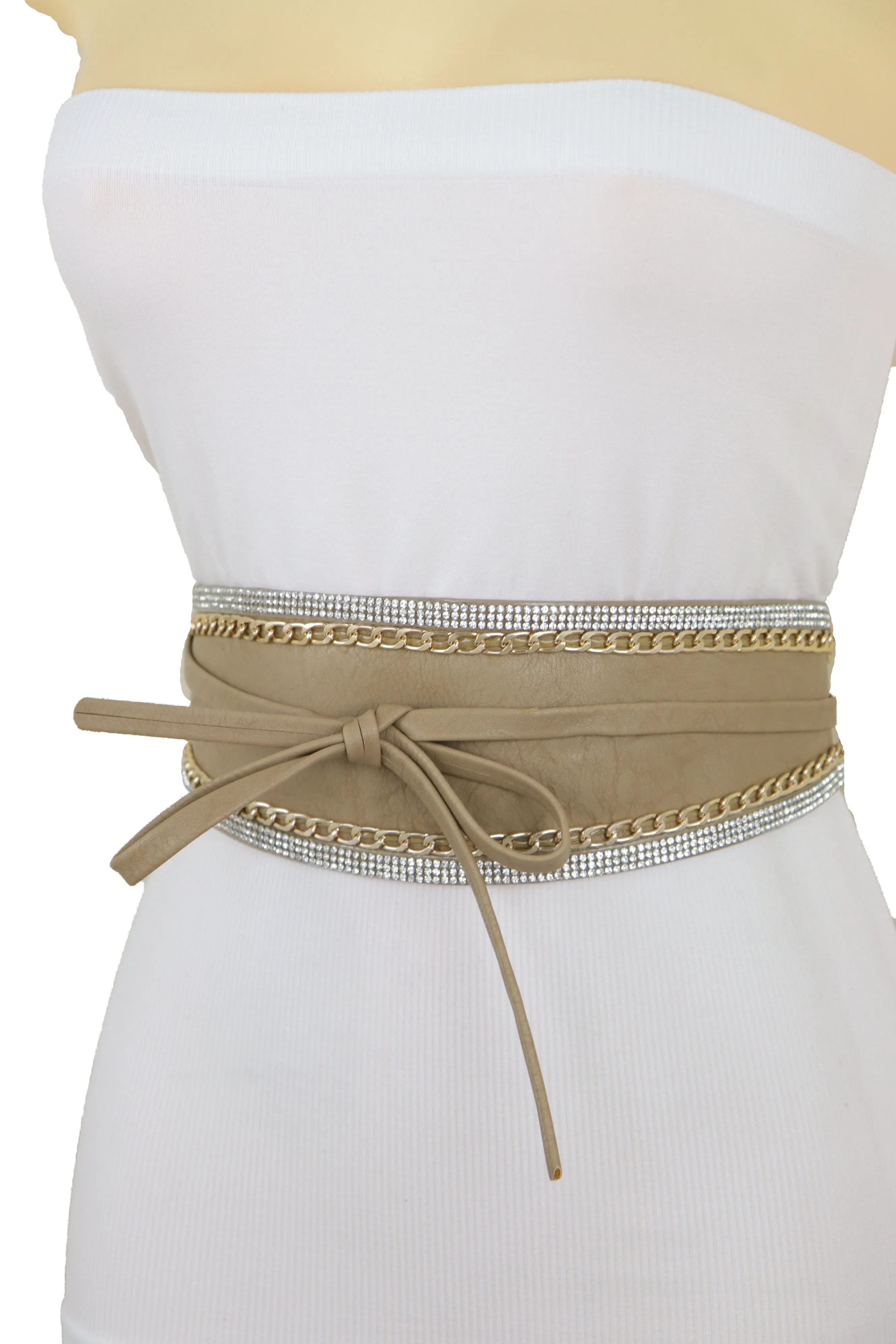 Caramel Beige Wrap Around Wide Waistband Tie Kimono Style Belt Size S M