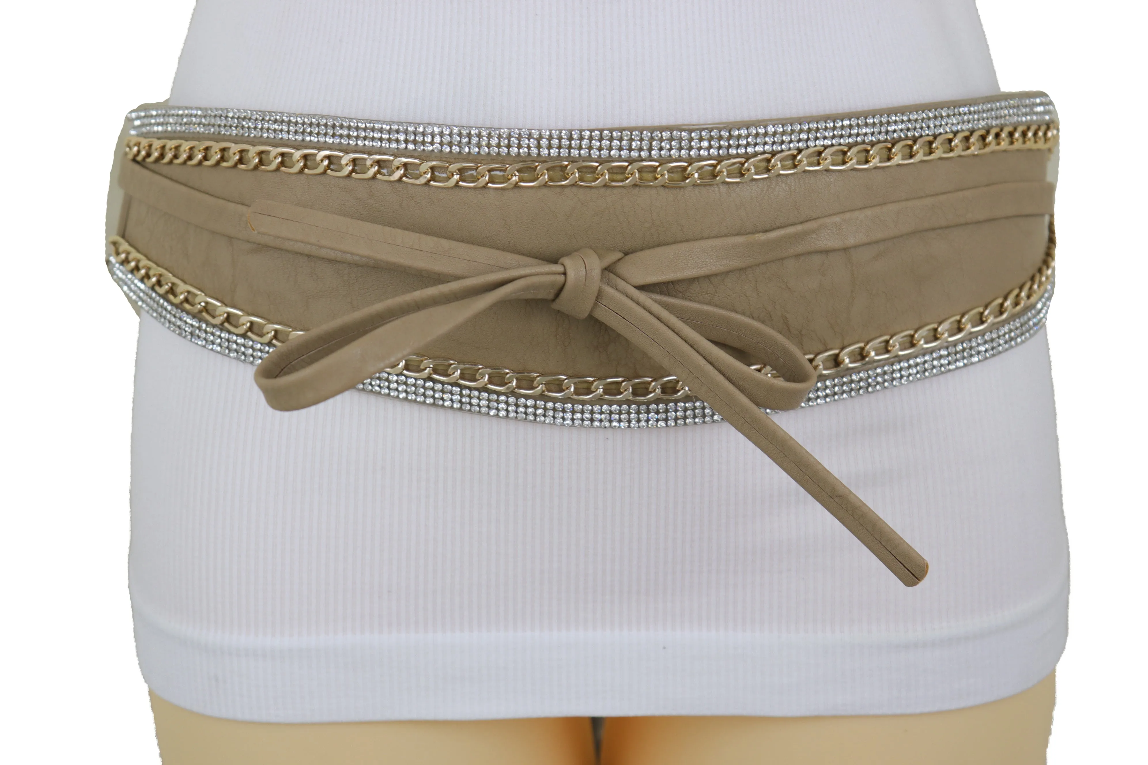 Caramel Beige Wrap Around Wide Waistband Tie Kimono Style Belt Size S M