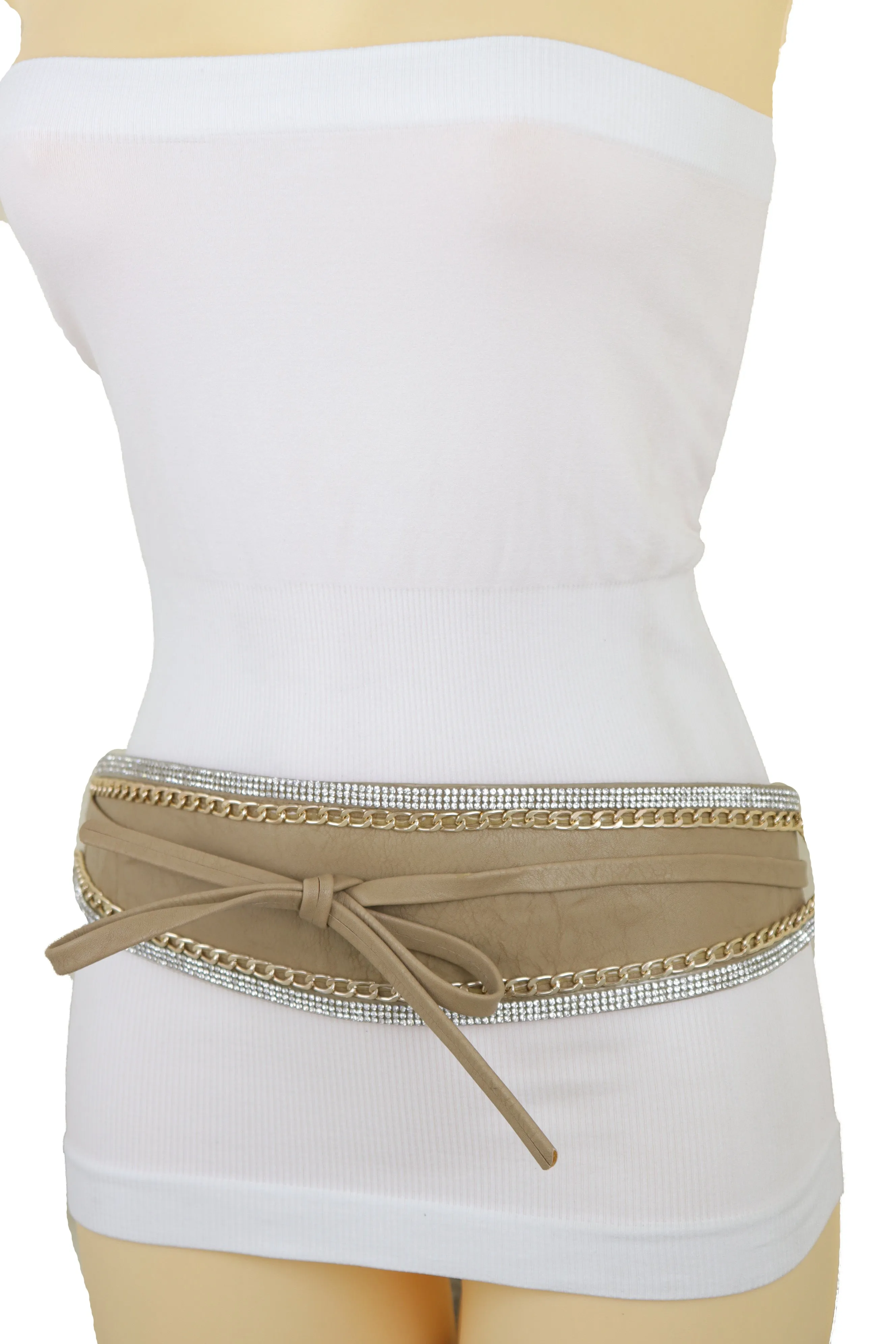 Caramel Beige Wrap Around Wide Waistband Tie Kimono Style Belt Size S M