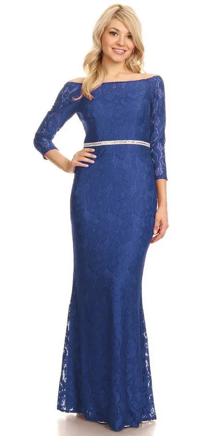 Celavie 6343L Off-Shoulder Long Sleeved Lace Sheath Dress