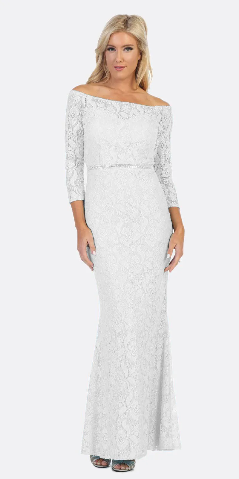 Celavie 6343L Off-Shoulder Long Sleeved Lace Sheath Dress