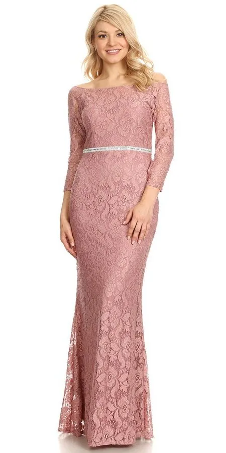 Celavie 6343L Off-Shoulder Long Sleeved Lace Sheath Dress