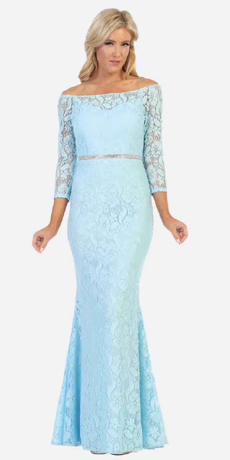Celavie 6343L Off-Shoulder Long Sleeved Lace Sheath Dress