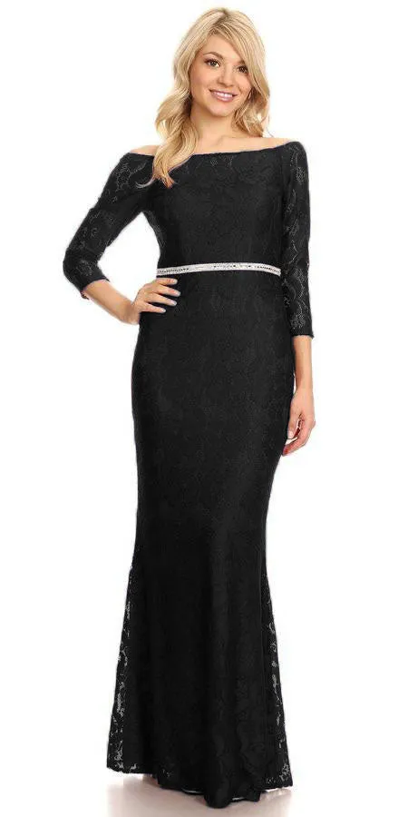 Celavie 6343L Off-Shoulder Long Sleeved Lace Sheath Dress