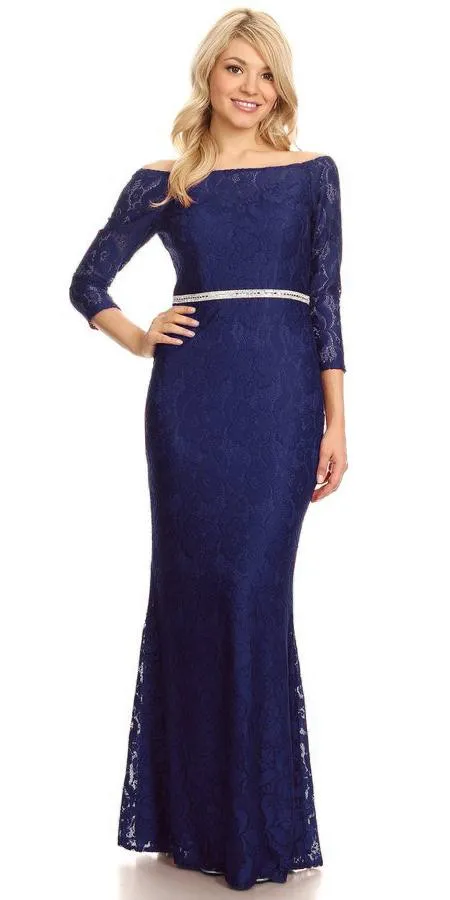 Celavie 6343L Off-Shoulder Long Sleeved Lace Sheath Dress