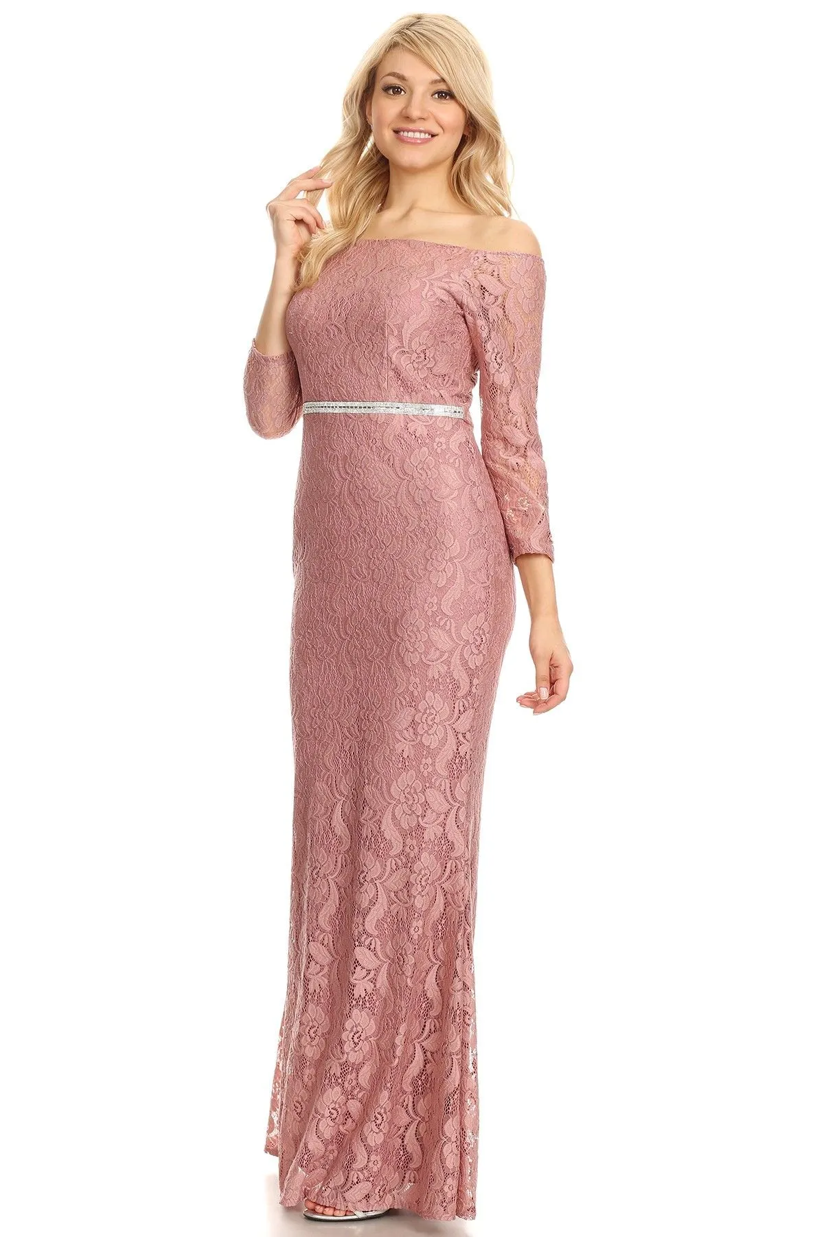 Celavie 6343L Off-Shoulder Long Sleeved Lace Sheath Dress