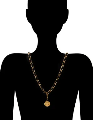 Chanel Circa 1982 Vintage Medallion Black Leather Chain Link Belt 37" CC Logo