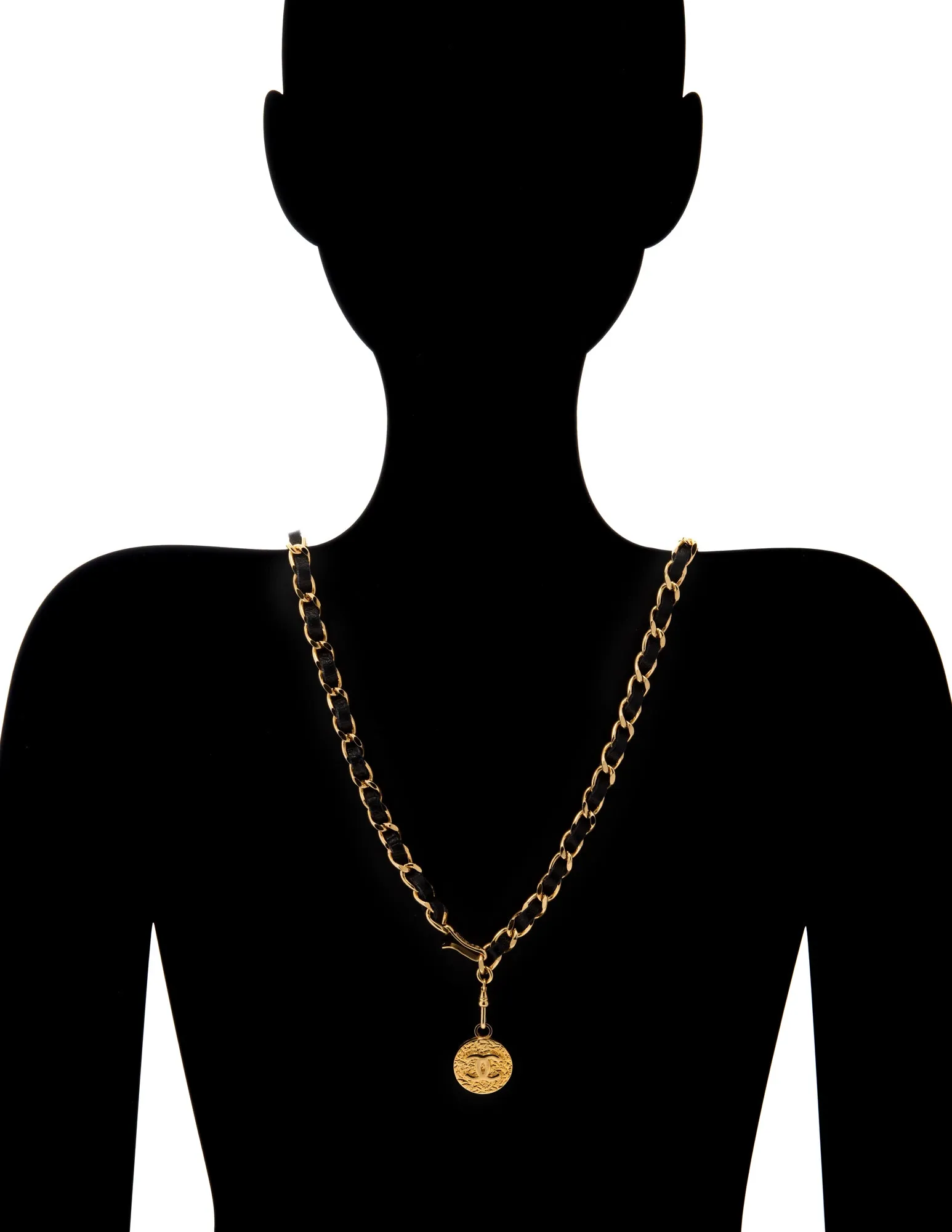 Chanel Circa 1982 Vintage Medallion Black Leather Chain Link Belt 37" CC Logo