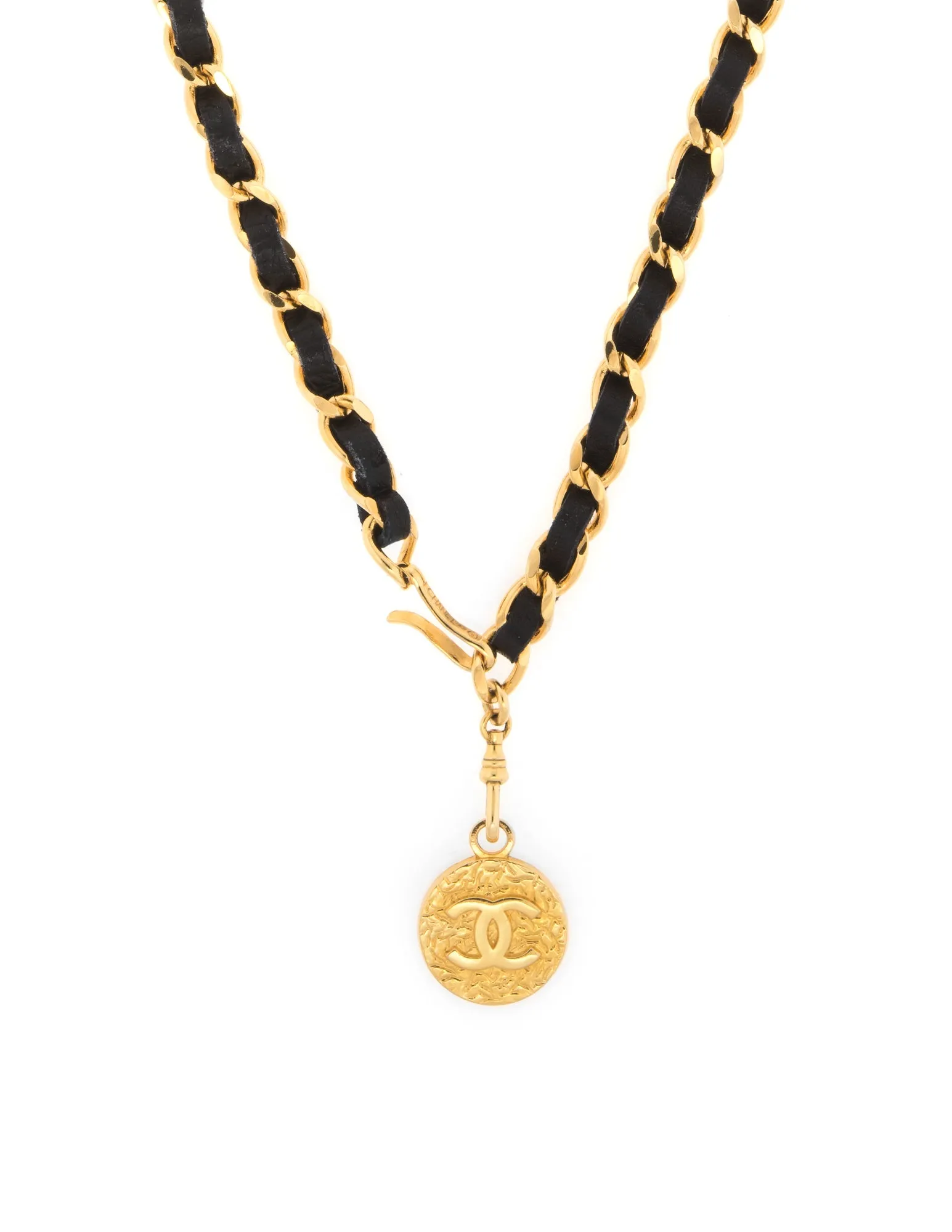 Chanel Circa 1982 Vintage Medallion Black Leather Chain Link Belt 37" CC Logo