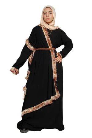 Chic Black Dress with Coordinated Fringe Scarf