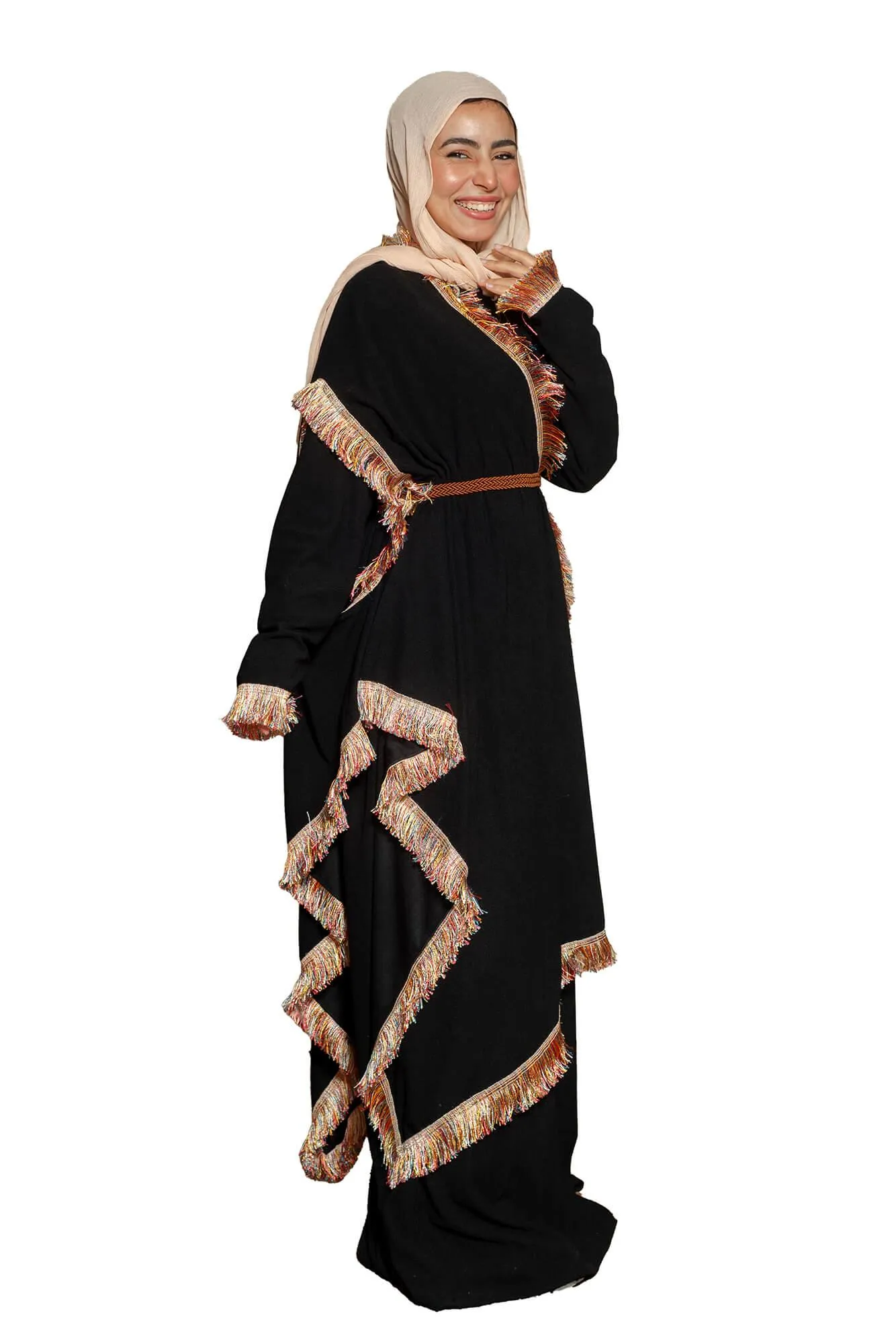 Chic Black Dress with Coordinated Fringe Scarf