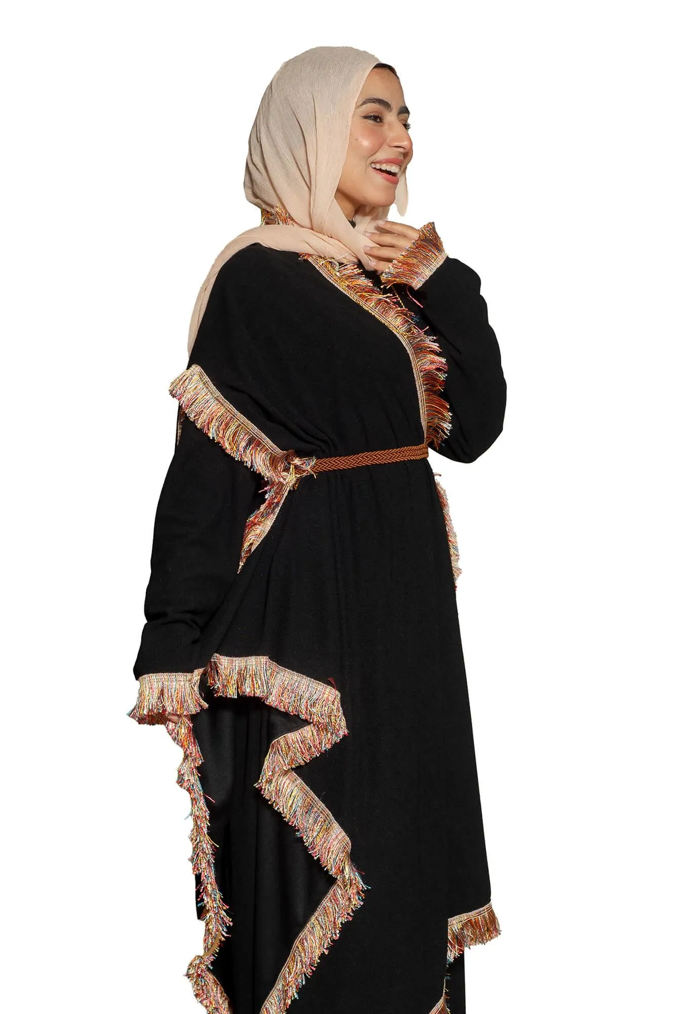 Chic Black Dress with Coordinated Fringe Scarf