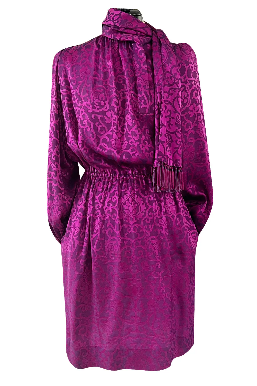 Chic Fall 1994 Yves Saint Laurent Haute Couture Silk Fuschia Dress w Fringed Scarf Detail
