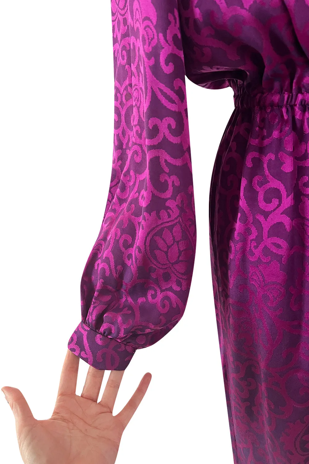 Chic Fall 1994 Yves Saint Laurent Haute Couture Silk Fuschia Dress w Fringed Scarf Detail