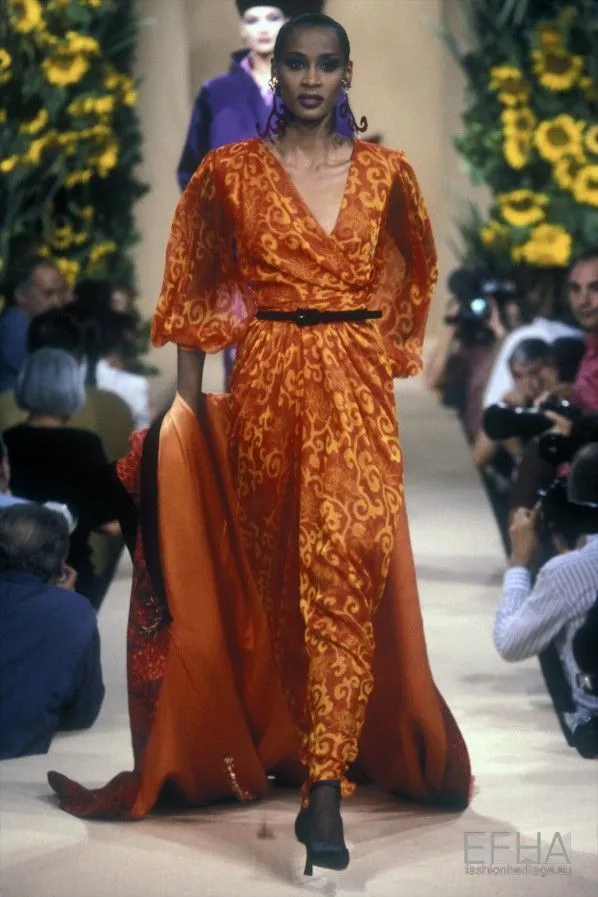 Chic Fall 1994 Yves Saint Laurent Haute Couture Silk Fuschia Dress w Fringed Scarf Detail