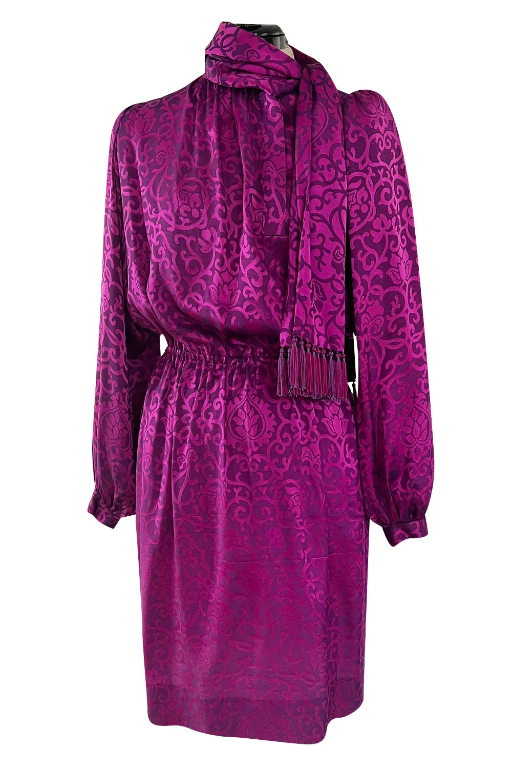 Chic Fall 1994 Yves Saint Laurent Haute Couture Silk Fuschia Dress w Fringed Scarf Detail