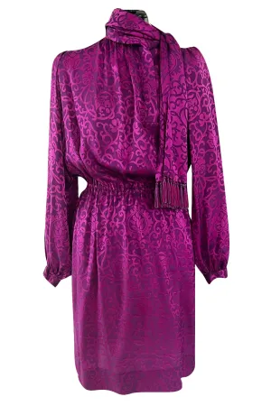 Chic Fall 1994 Yves Saint Laurent Haute Couture Silk Fuschia Dress w Fringed Scarf Detail