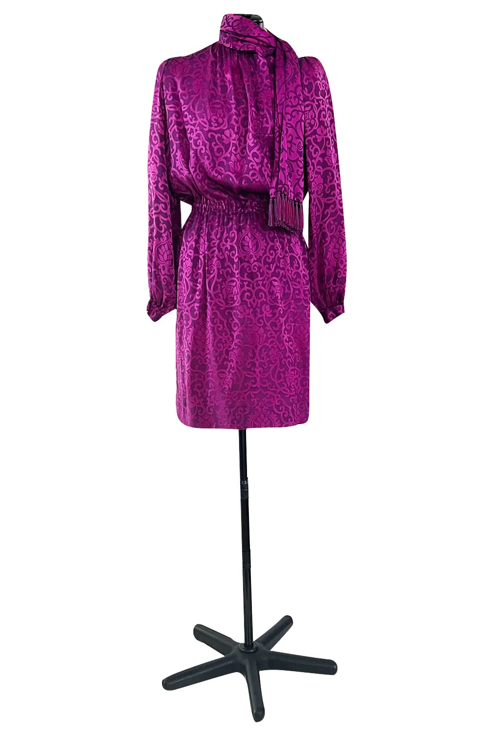 Chic Fall 1994 Yves Saint Laurent Haute Couture Silk Fuschia Dress w Fringed Scarf Detail