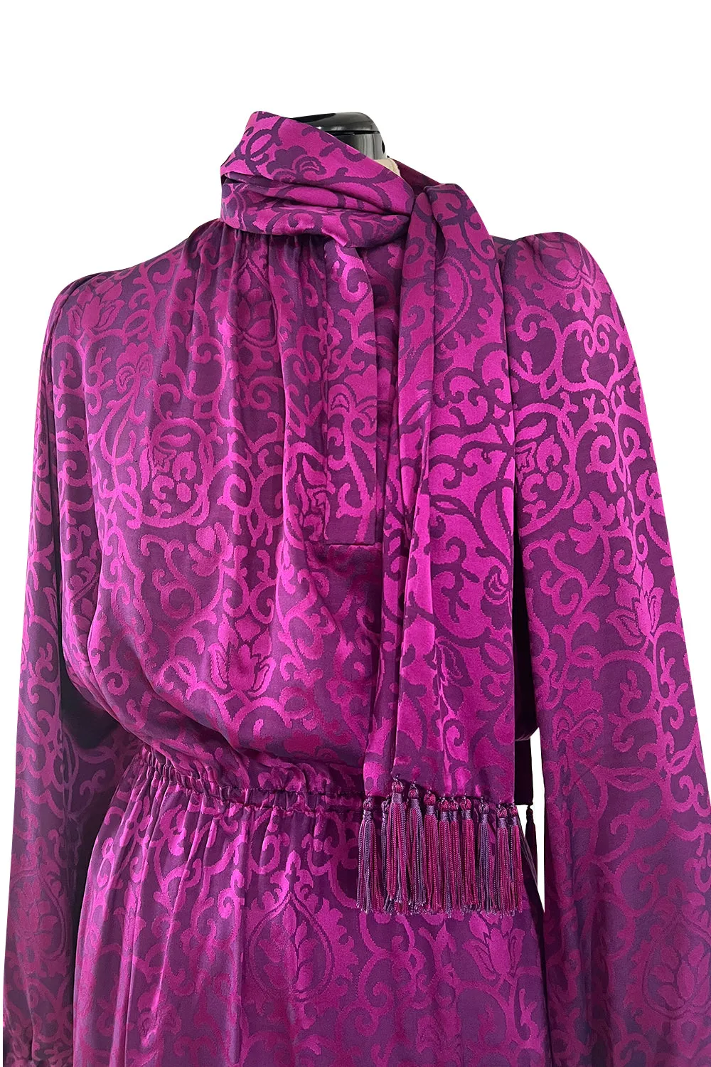 Chic Fall 1994 Yves Saint Laurent Haute Couture Silk Fuschia Dress w Fringed Scarf Detail