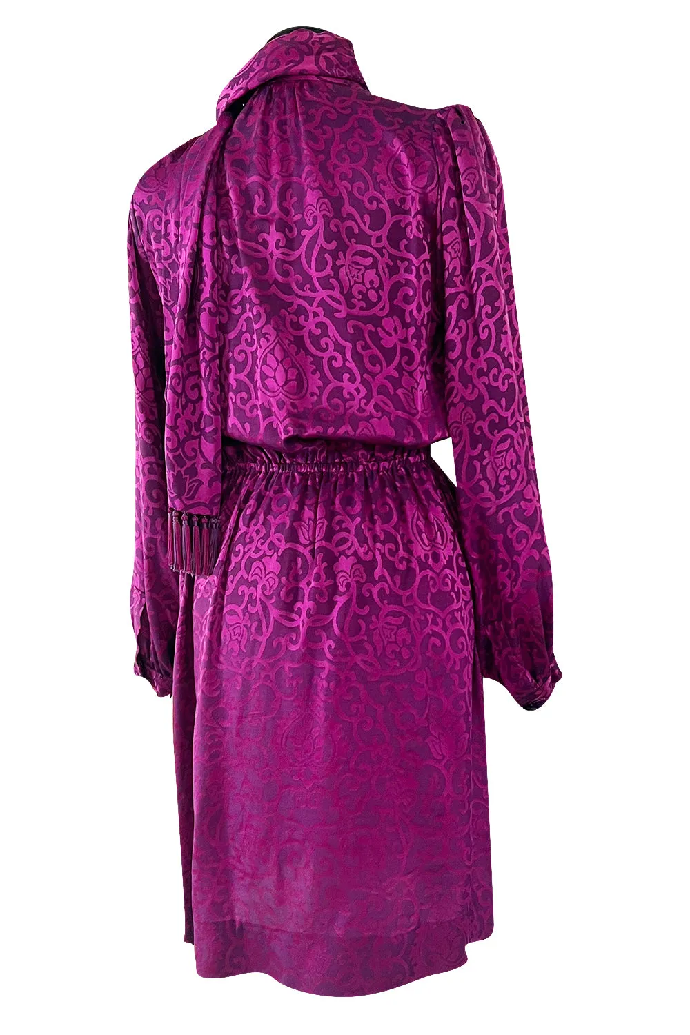 Chic Fall 1994 Yves Saint Laurent Haute Couture Silk Fuschia Dress w Fringed Scarf Detail