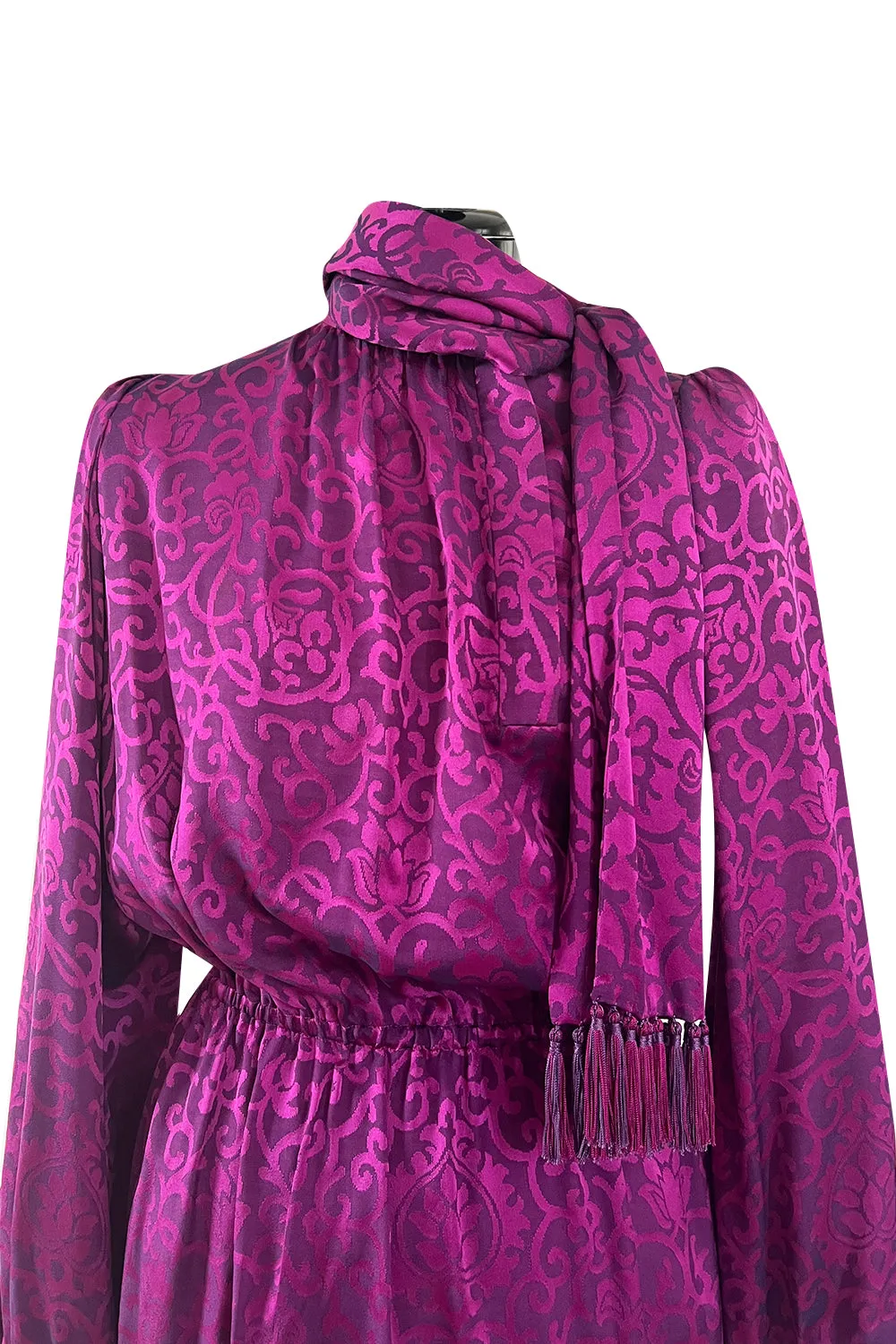 Chic Fall 1994 Yves Saint Laurent Haute Couture Silk Fuschia Dress w Fringed Scarf Detail