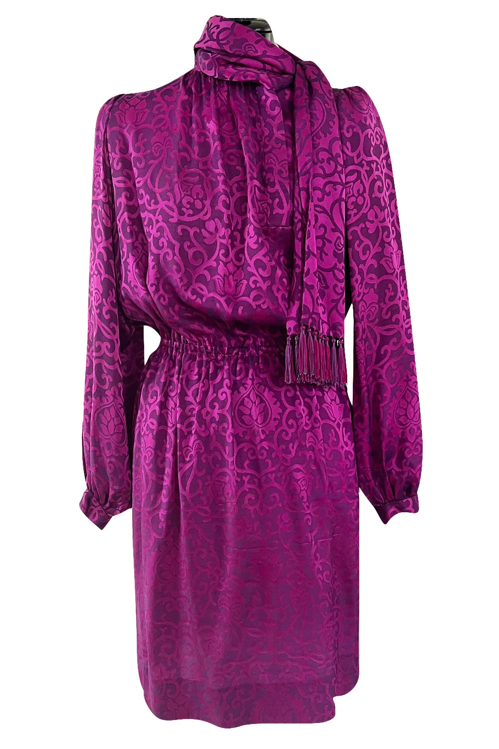 Chic Fall 1994 Yves Saint Laurent Haute Couture Silk Fuschia Dress w Fringed Scarf Detail