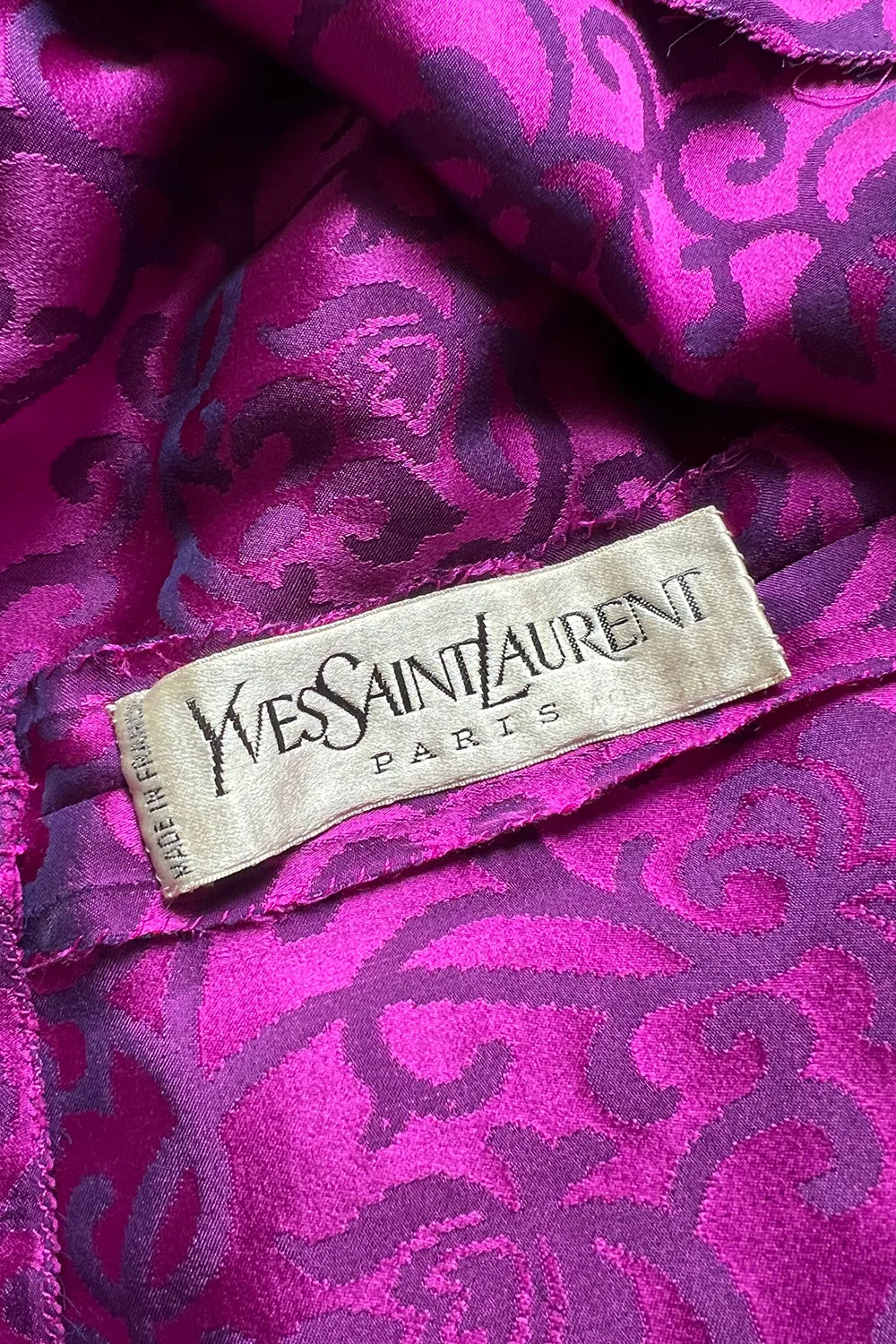 Chic Fall 1994 Yves Saint Laurent Haute Couture Silk Fuschia Dress w Fringed Scarf Detail