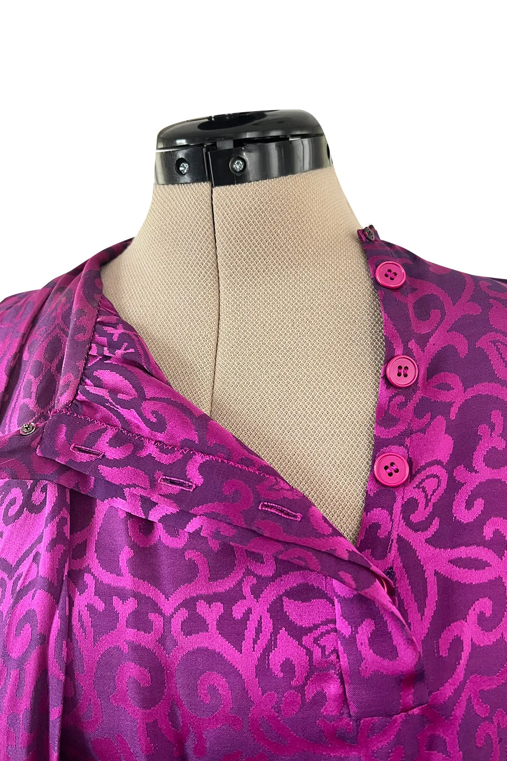 Chic Fall 1994 Yves Saint Laurent Haute Couture Silk Fuschia Dress w Fringed Scarf Detail