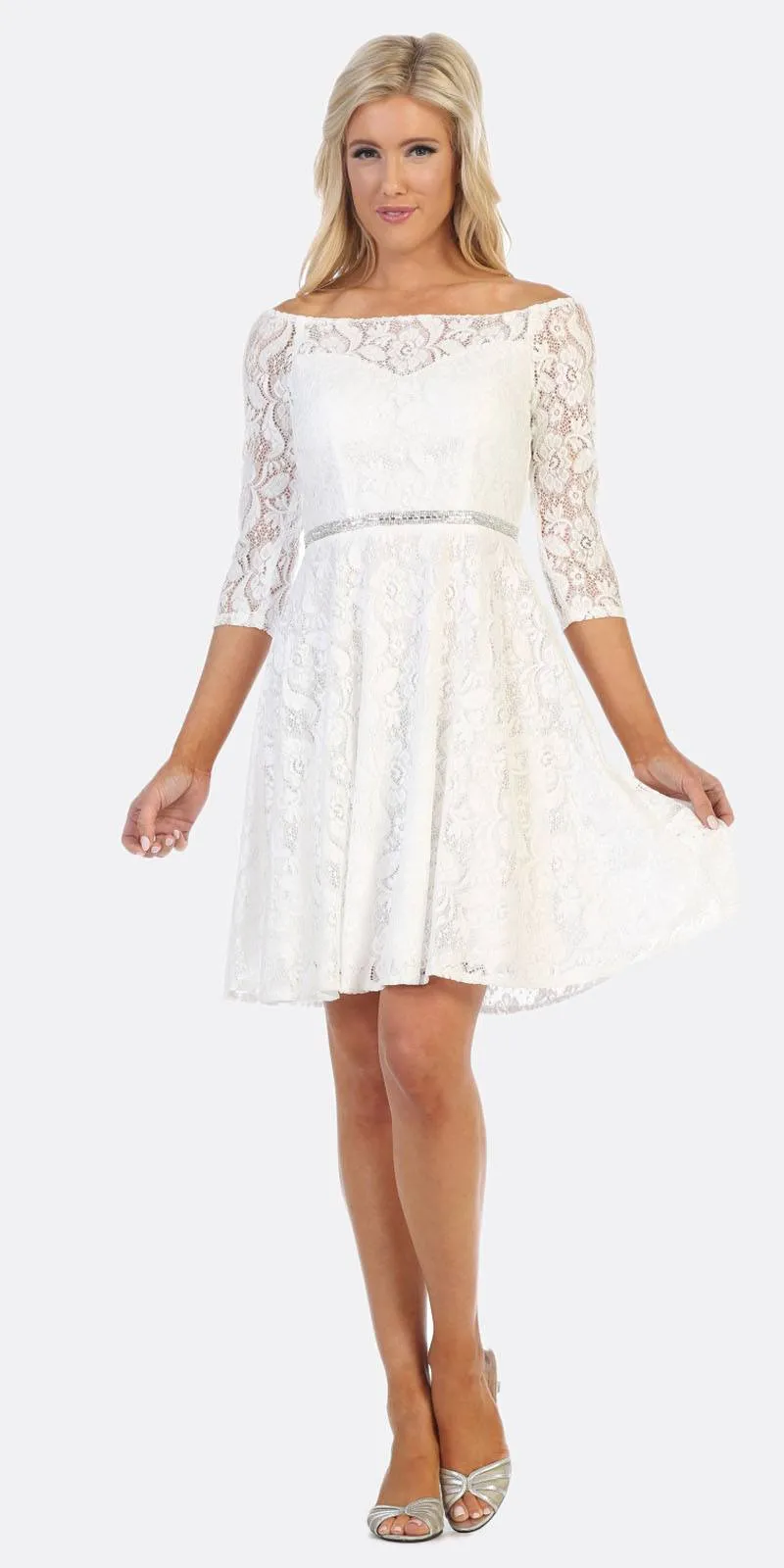 CLEARANCE - Celavie 6343S Off-the-Shoulder Short Lace A-Line Dress (Size XL)