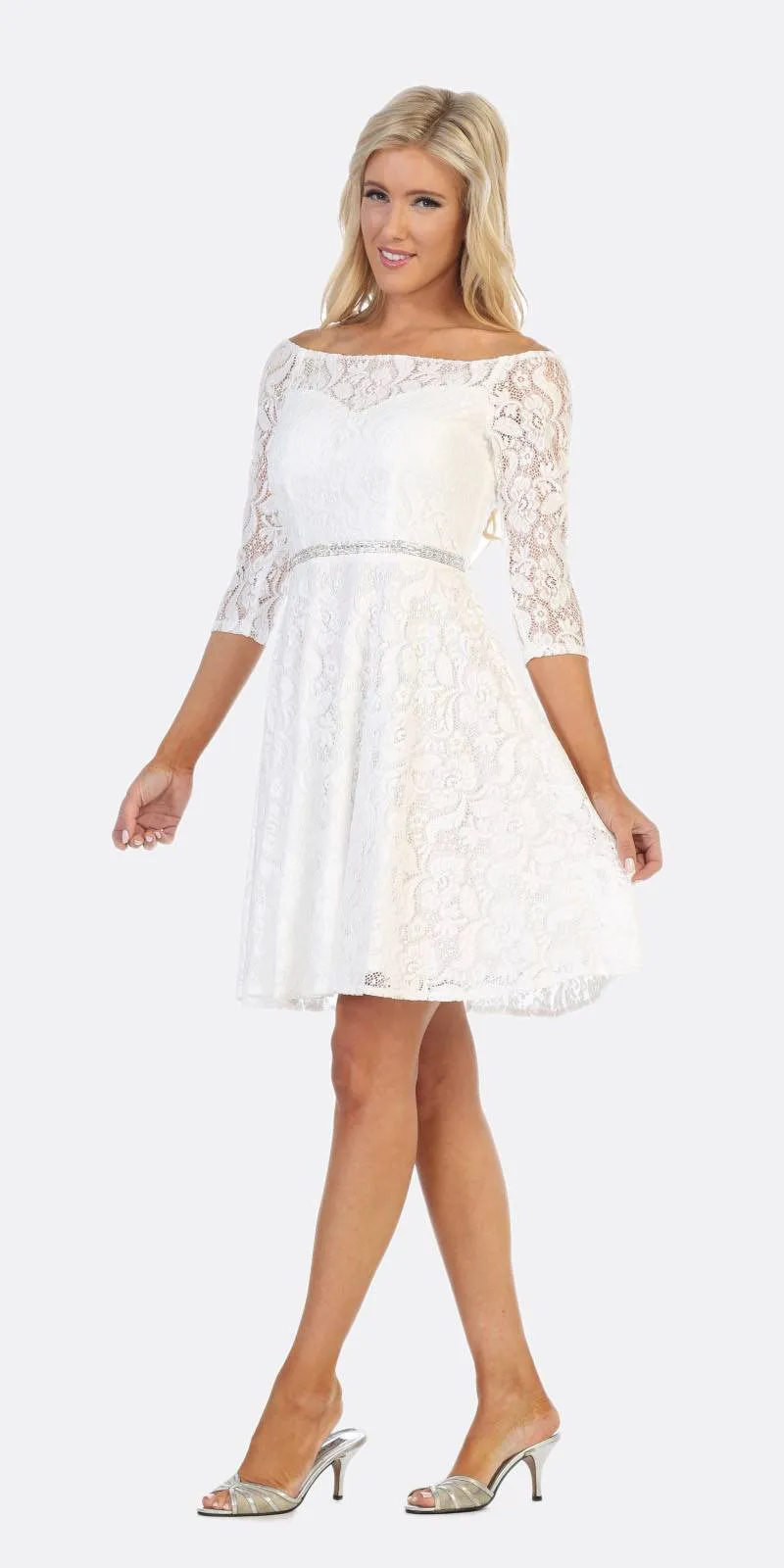 CLEARANCE - Celavie 6343S Off-the-Shoulder Short Lace A-Line Dress (Size XL)