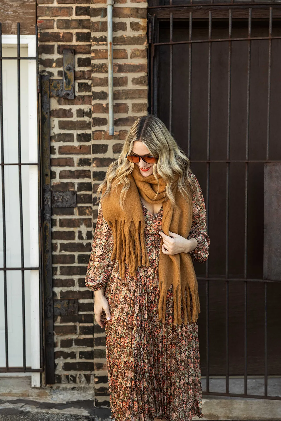 colder weather knit fringe scarf in camel