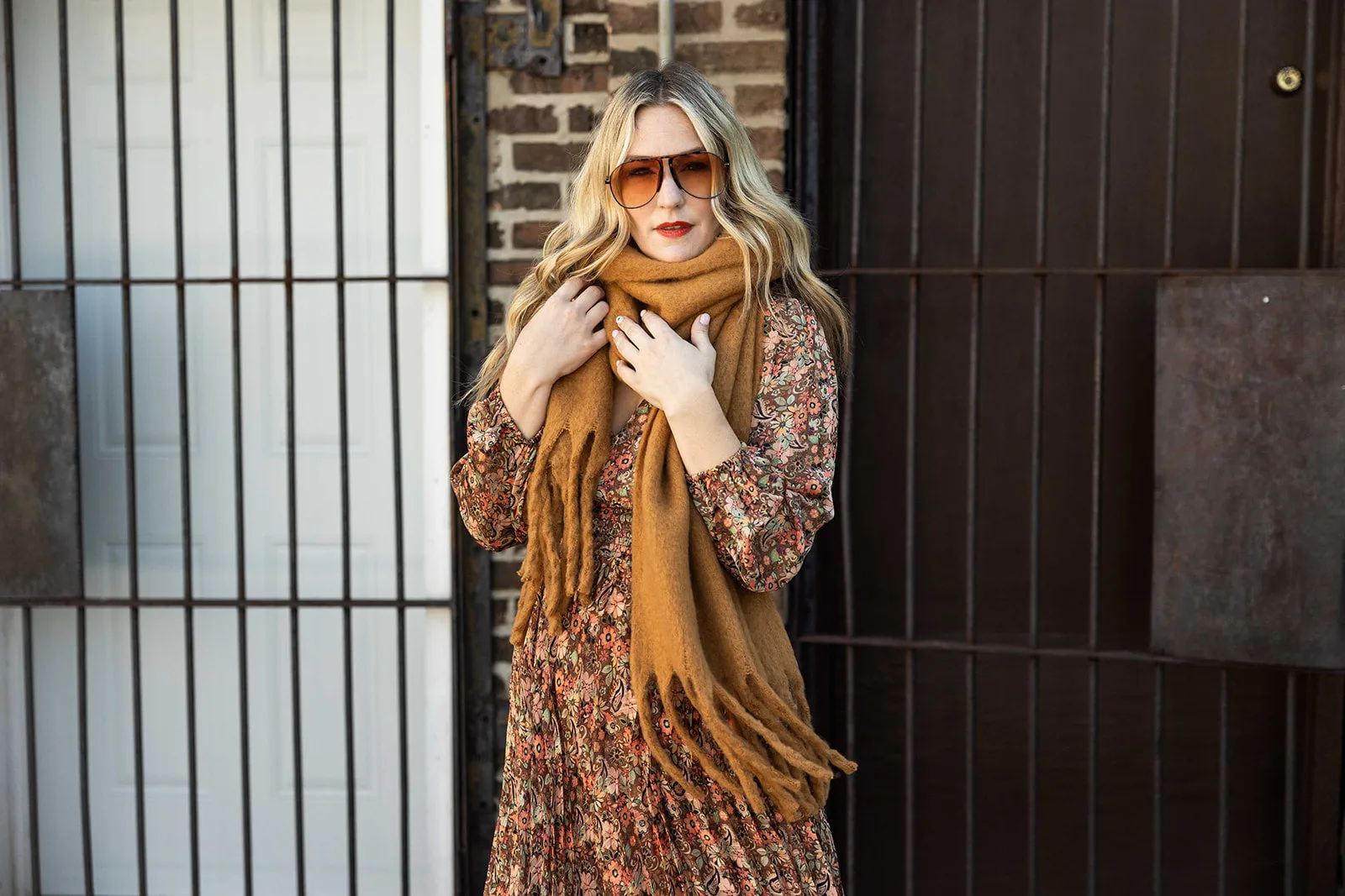colder weather knit fringe scarf in camel