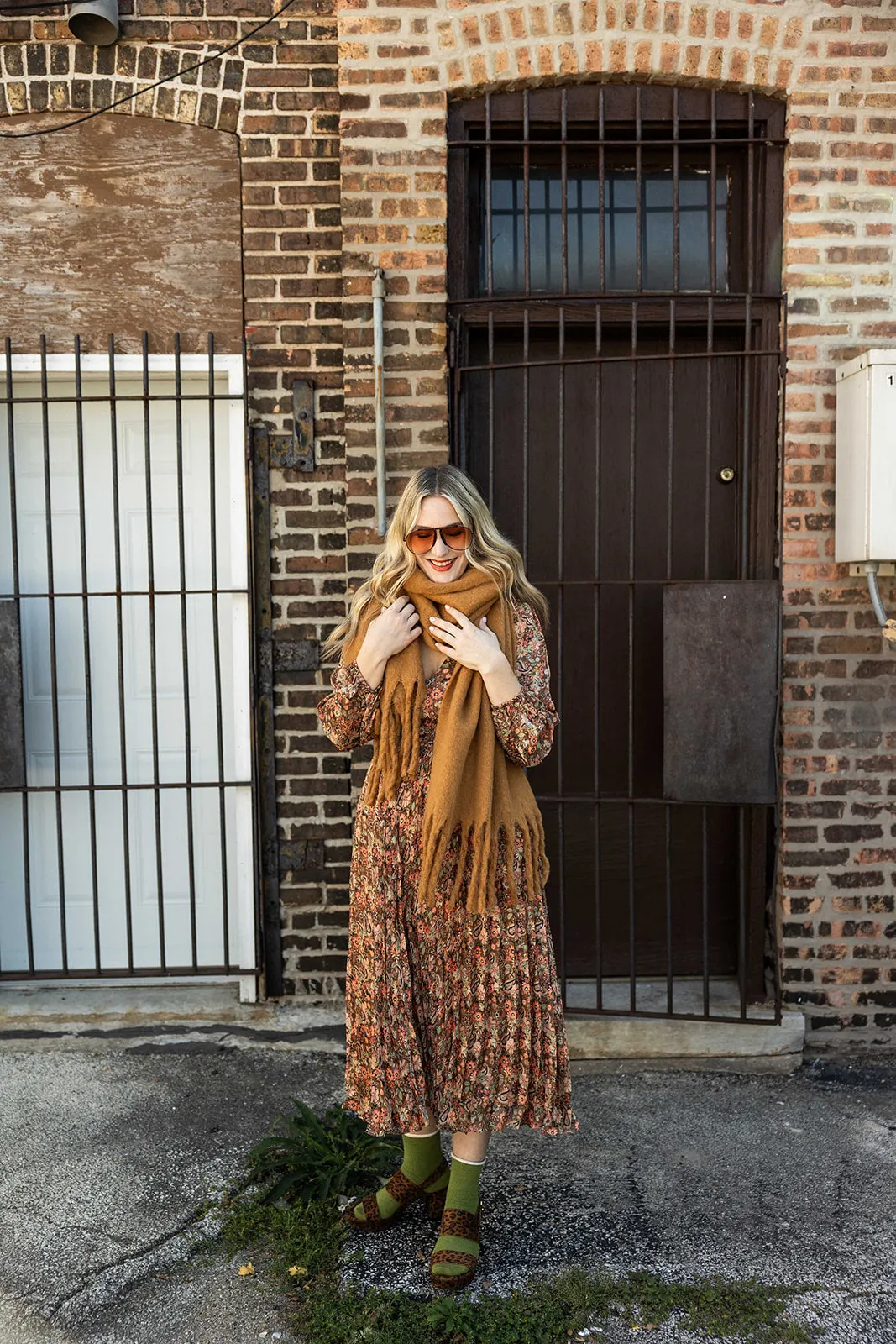 colder weather knit fringe scarf in camel