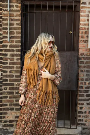 colder weather knit fringe scarf in camel