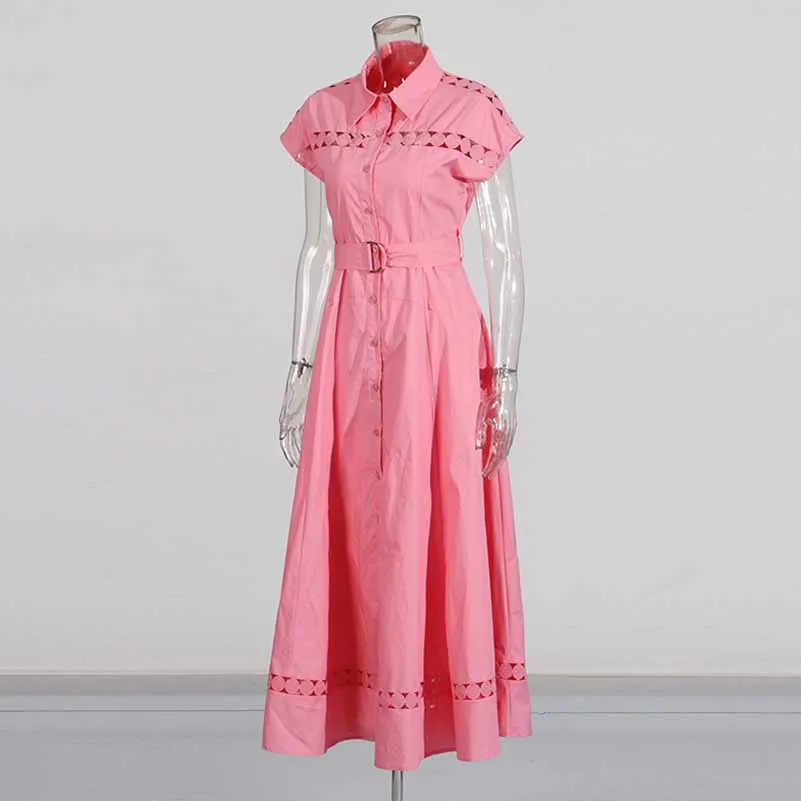 Collared Short Sleeve Hollow Out Midi Dress With Belt