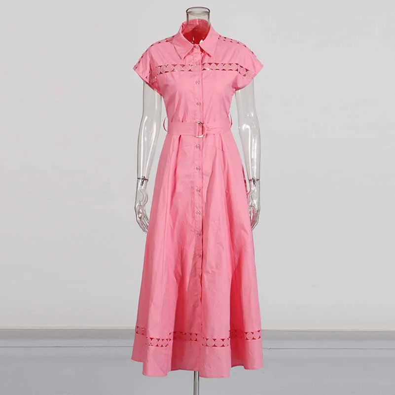 Collared Short Sleeve Hollow Out Midi Dress With Belt