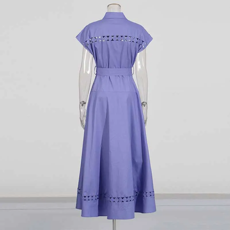 Collared Short Sleeve Hollow Out Midi Dress With Belt