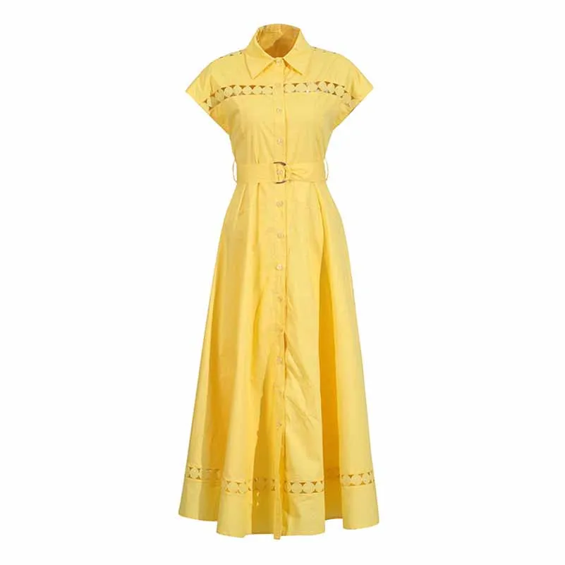 Collared Short Sleeve Hollow Out Midi Dress With Belt