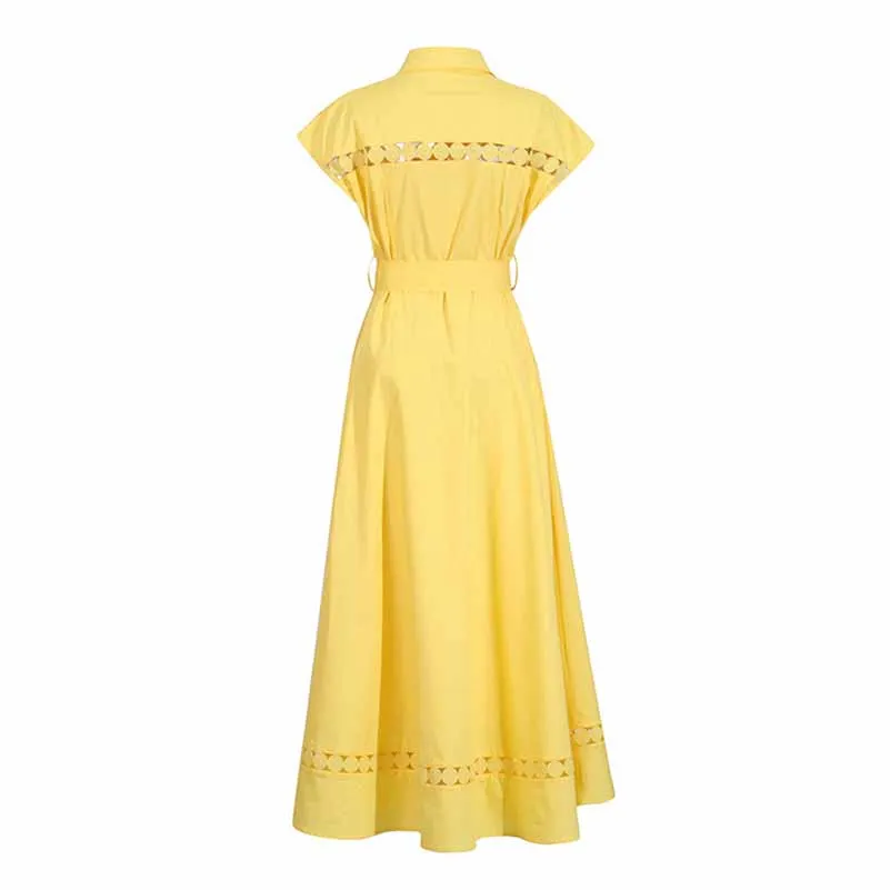 Collared Short Sleeve Hollow Out Midi Dress With Belt